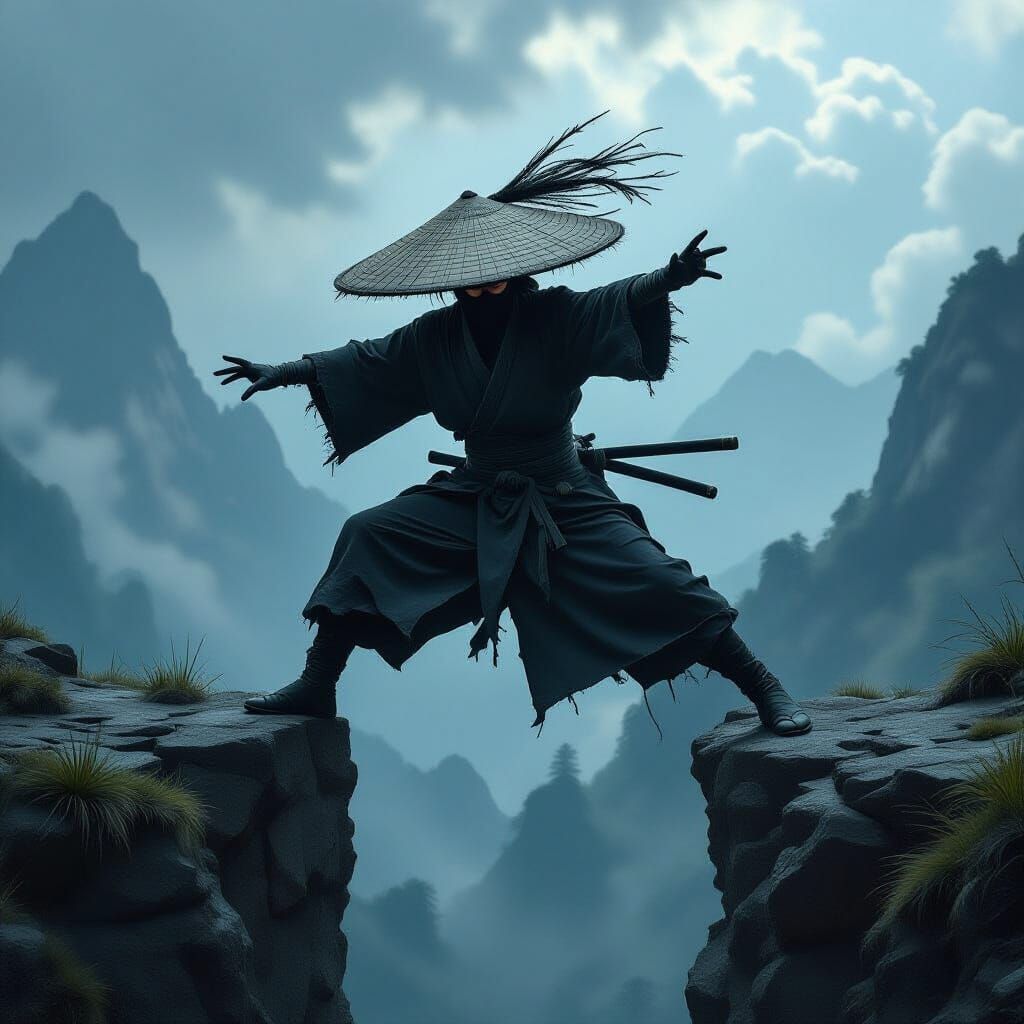 Ninja's Leap Disrupted by Wind in Stormy Landscape