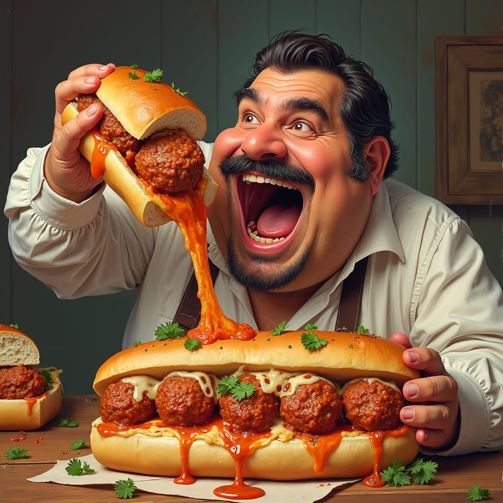 Whimsical Actor Savoring Meatball Sub in Warm Lighting
