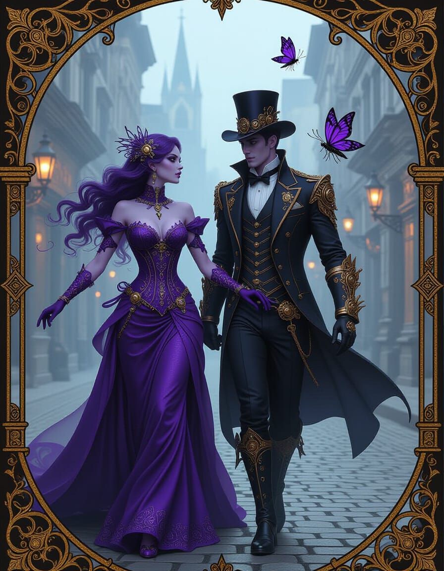 Steampunk Amethyst Couple in Fog-Veiled City, Art Nouveau St...