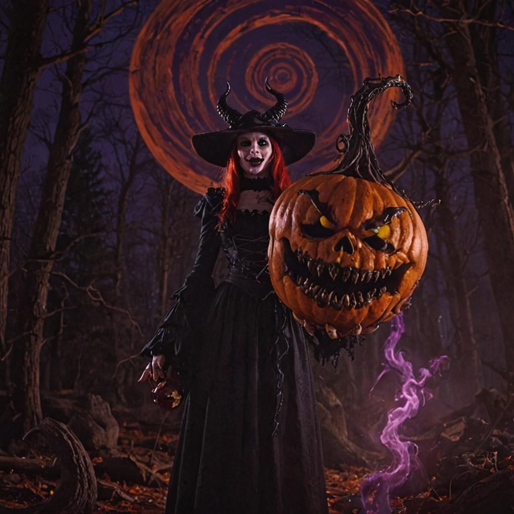 Gothic Witch with Demonic Gourd in Macabre Setting