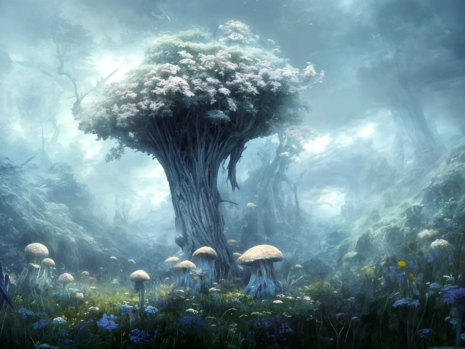Fantasy Landscape with Giant Mushrooms at Night