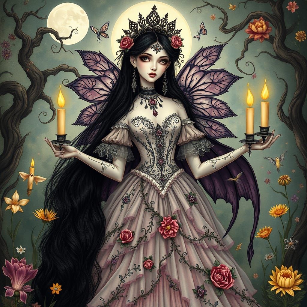 A portrait of a goth fairy Queen; semi-realistic with floral embellishments