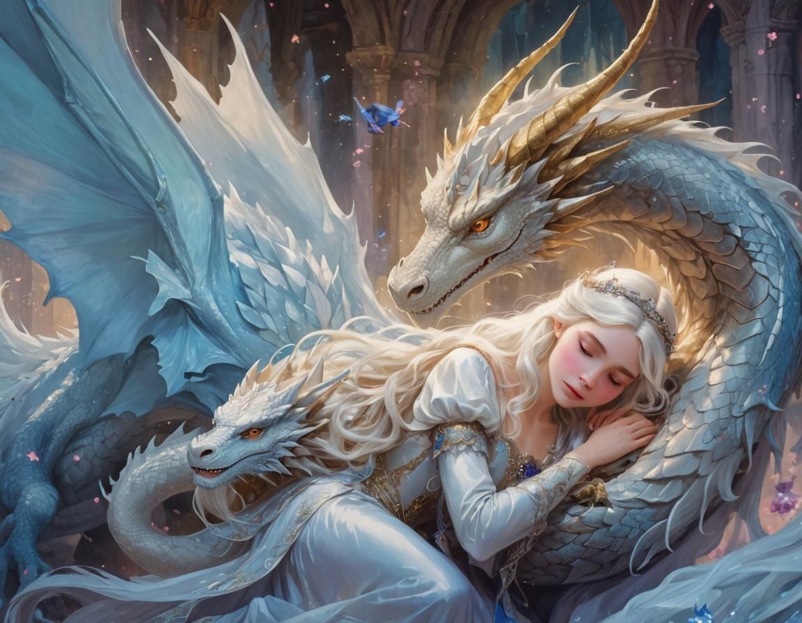 White Dragon Guarding Sleeping Princess Beauty