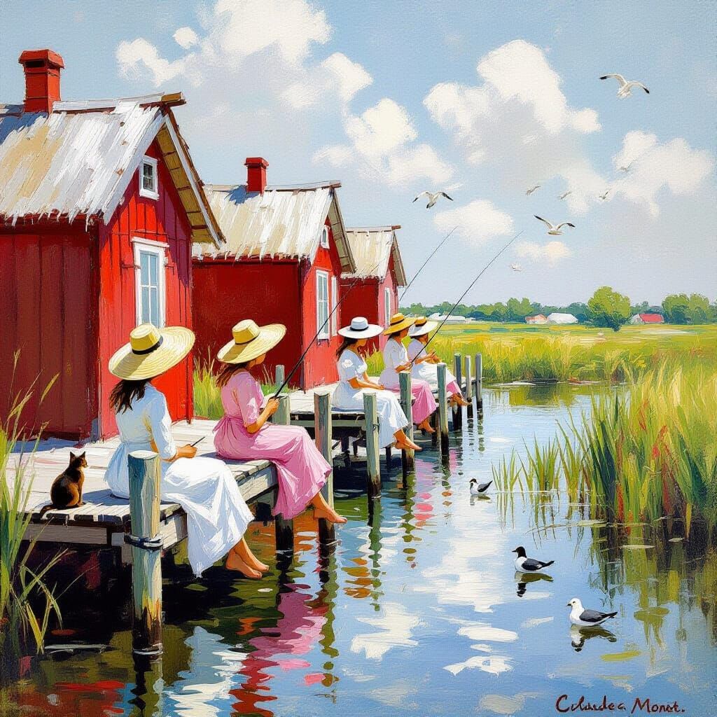 Impressionist Marshland Scene with Red Stilt Houses