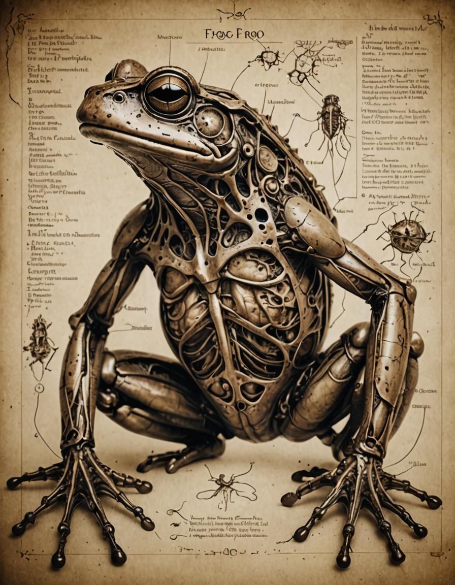 Mutant Frog Anatomy Diagram in Sepia Tones