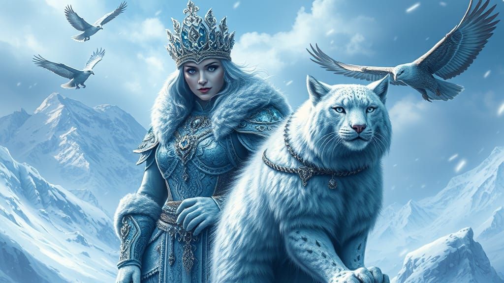 Regal Ice Queen Warrior with Snow Cat in Majestic Winter Lan...