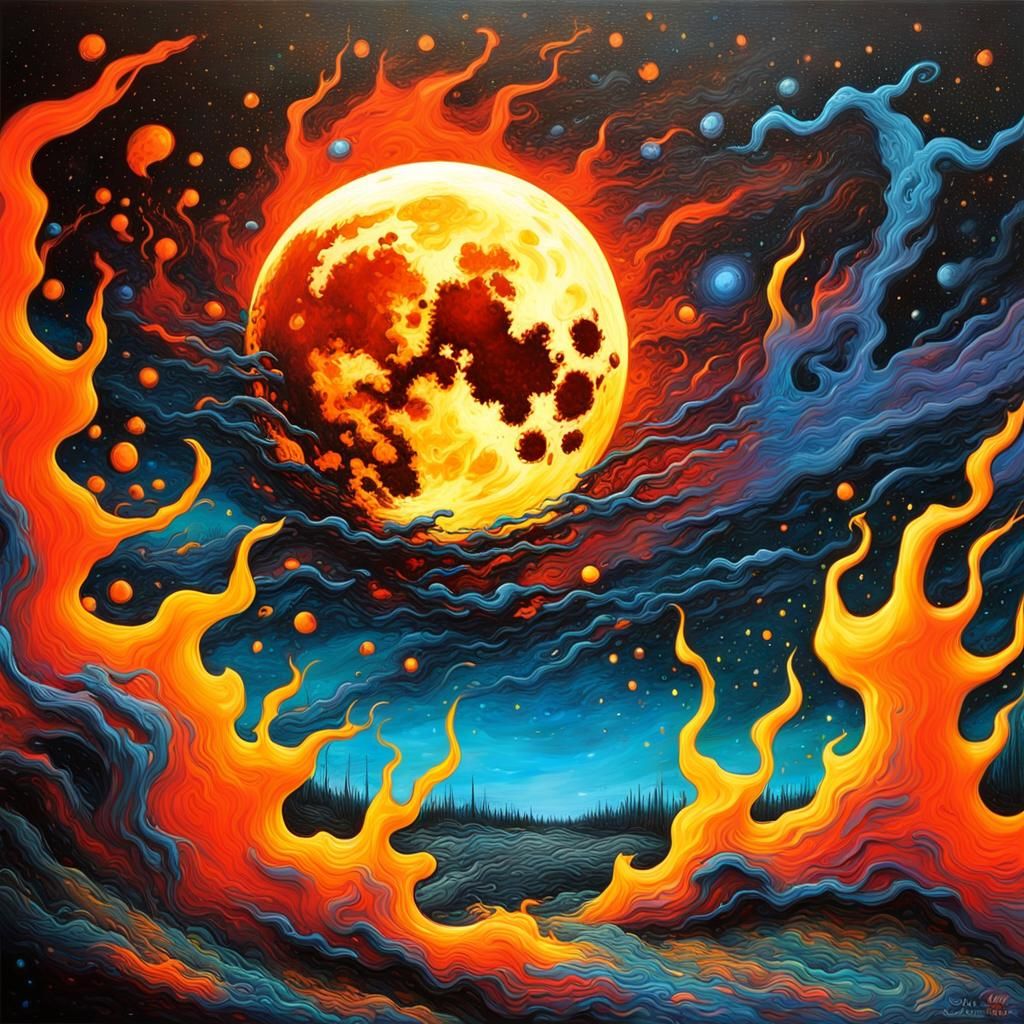 Glowing Fire Moon Over Starry Galaxies in Graffiti Art