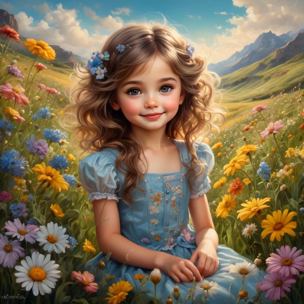 Girl in Wildflower Field: Detailed Digital Painting