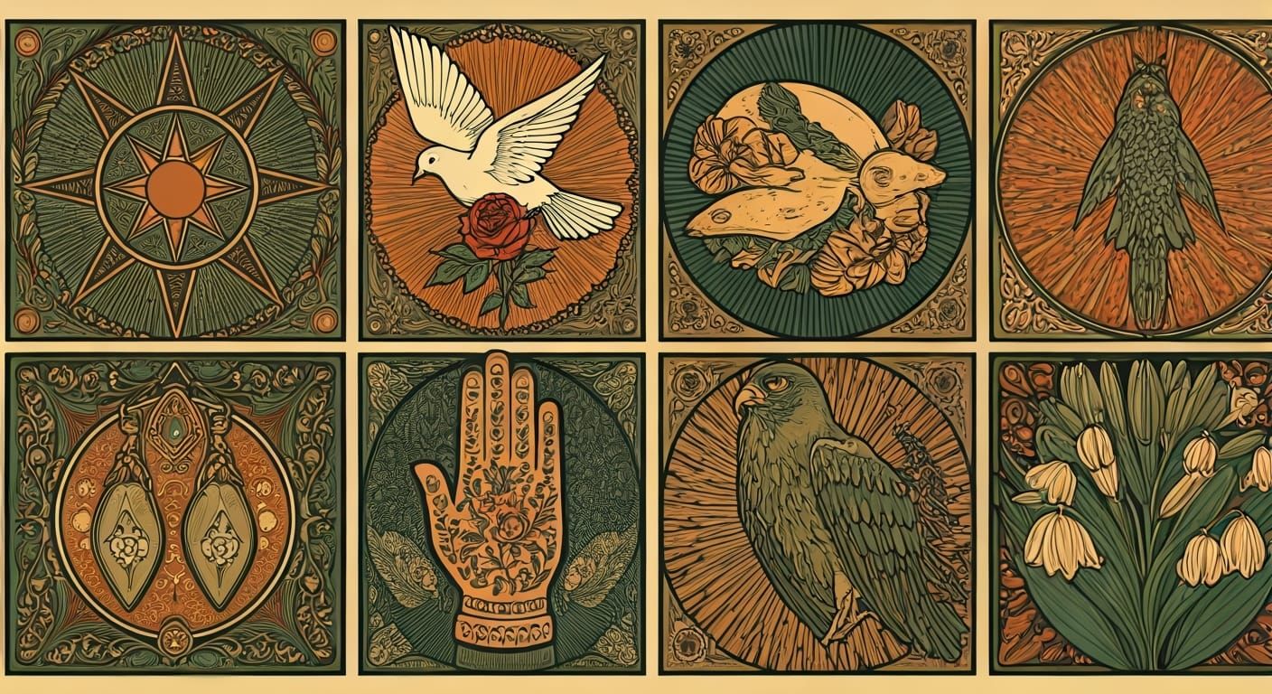 Goddess Symbols Grid Illustration in Art Nouveau Style