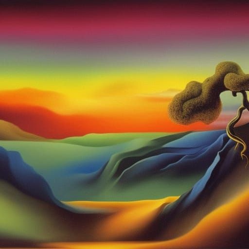 Surreal Rainbow Vines Mountain Sunset, Dali Style