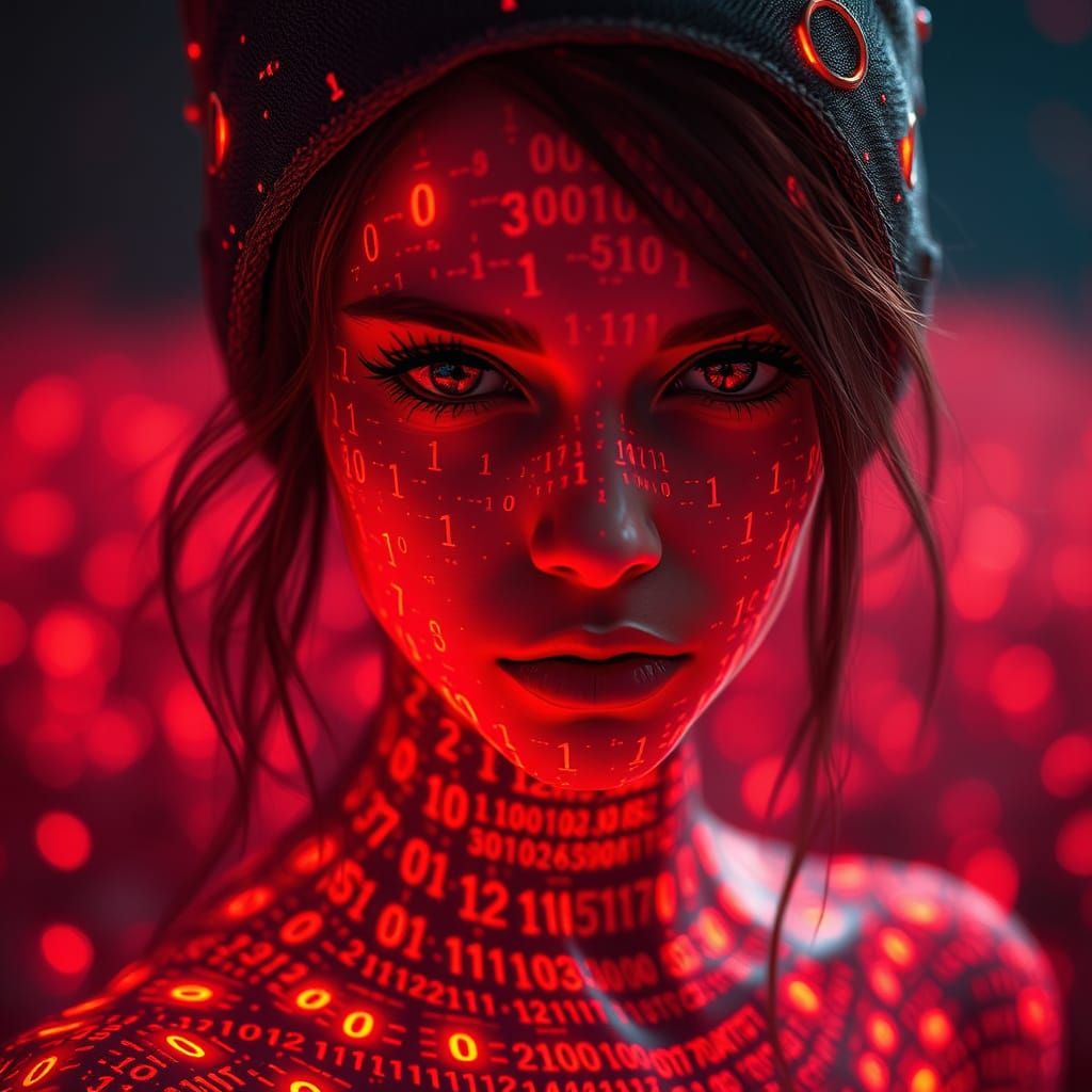 Young Witch With Glowing Numbers In Crimson Field
