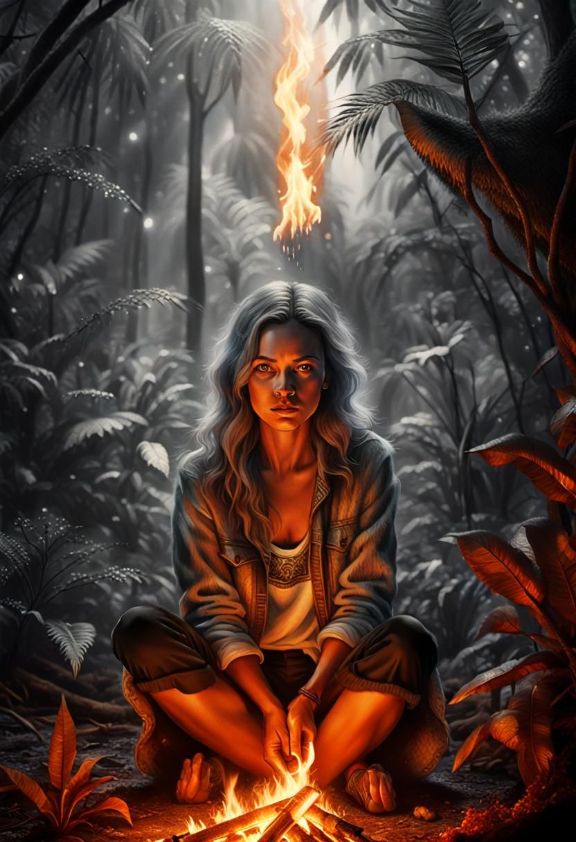 Woman by Fire: Hyperdetailed Charcoal Drawing