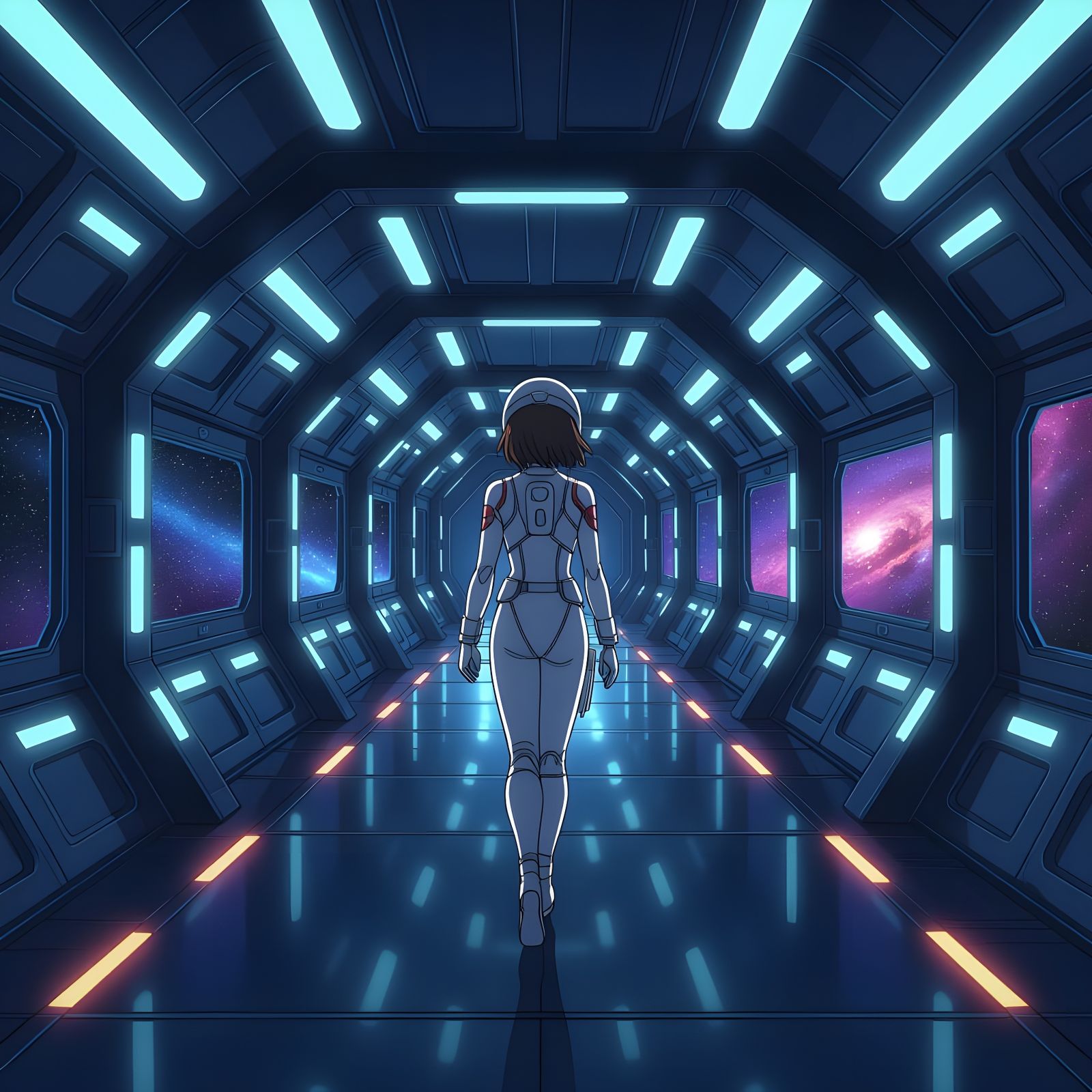 Astronaut Girl Explores Galactic Ship in Anime Style
