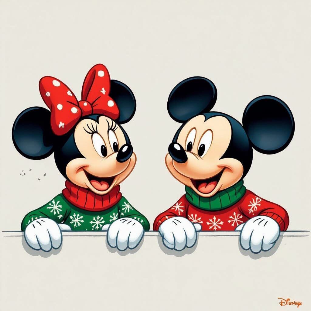 Minnie & Mickey Mouse Peek Over Wall in Christmas Sweaters