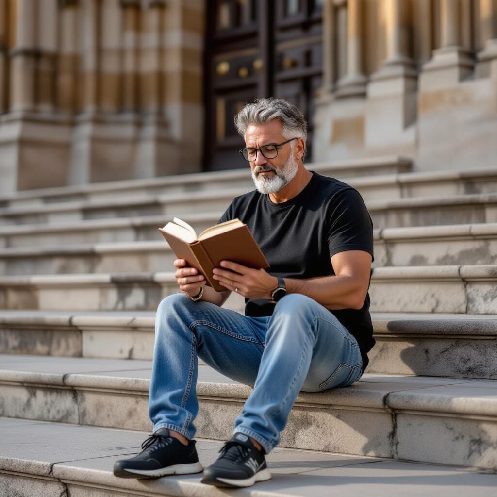 Man Reading by Gothic Cathedral in Summer Sunset Light