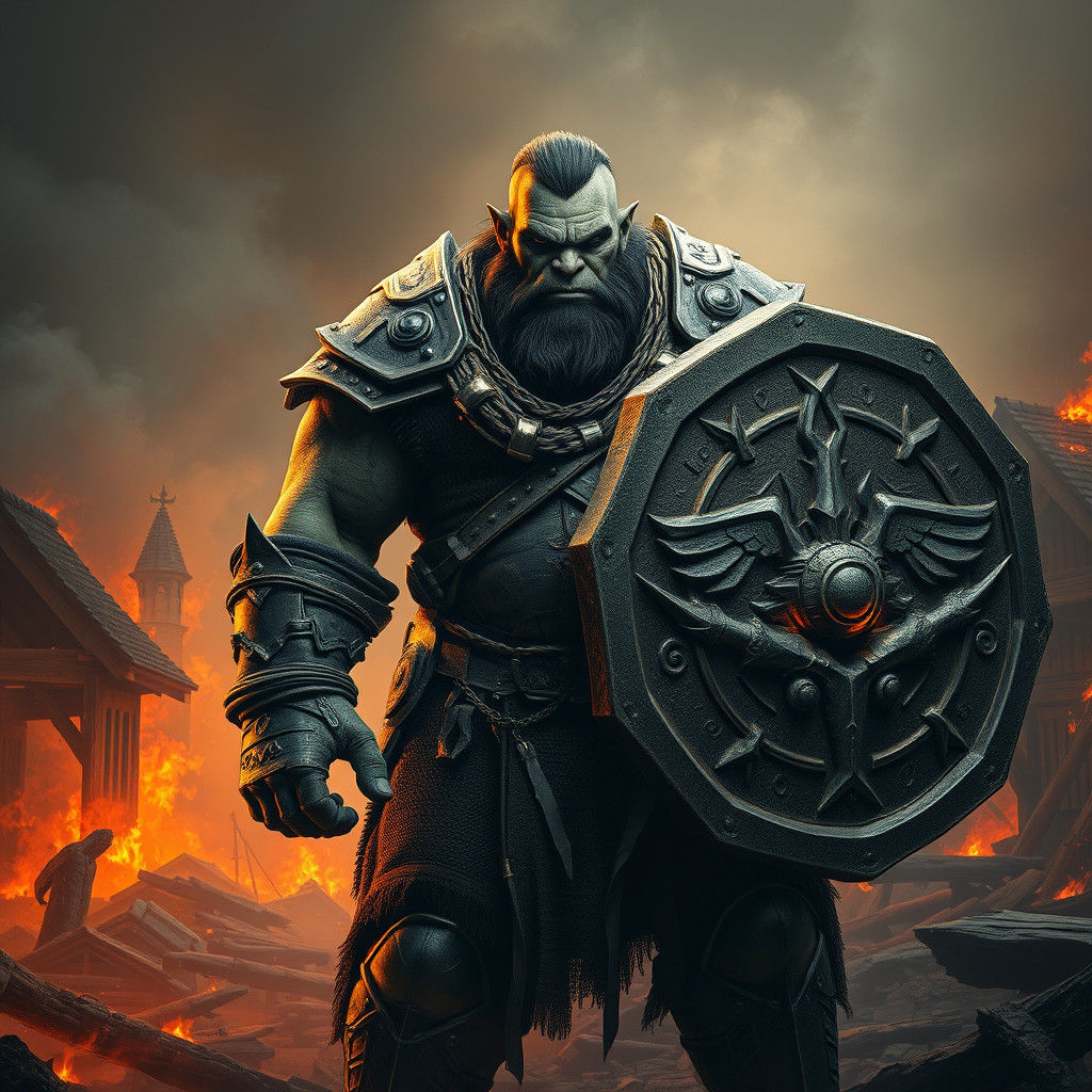 Orc Fighter Priest Amidst Burning Village Ruins