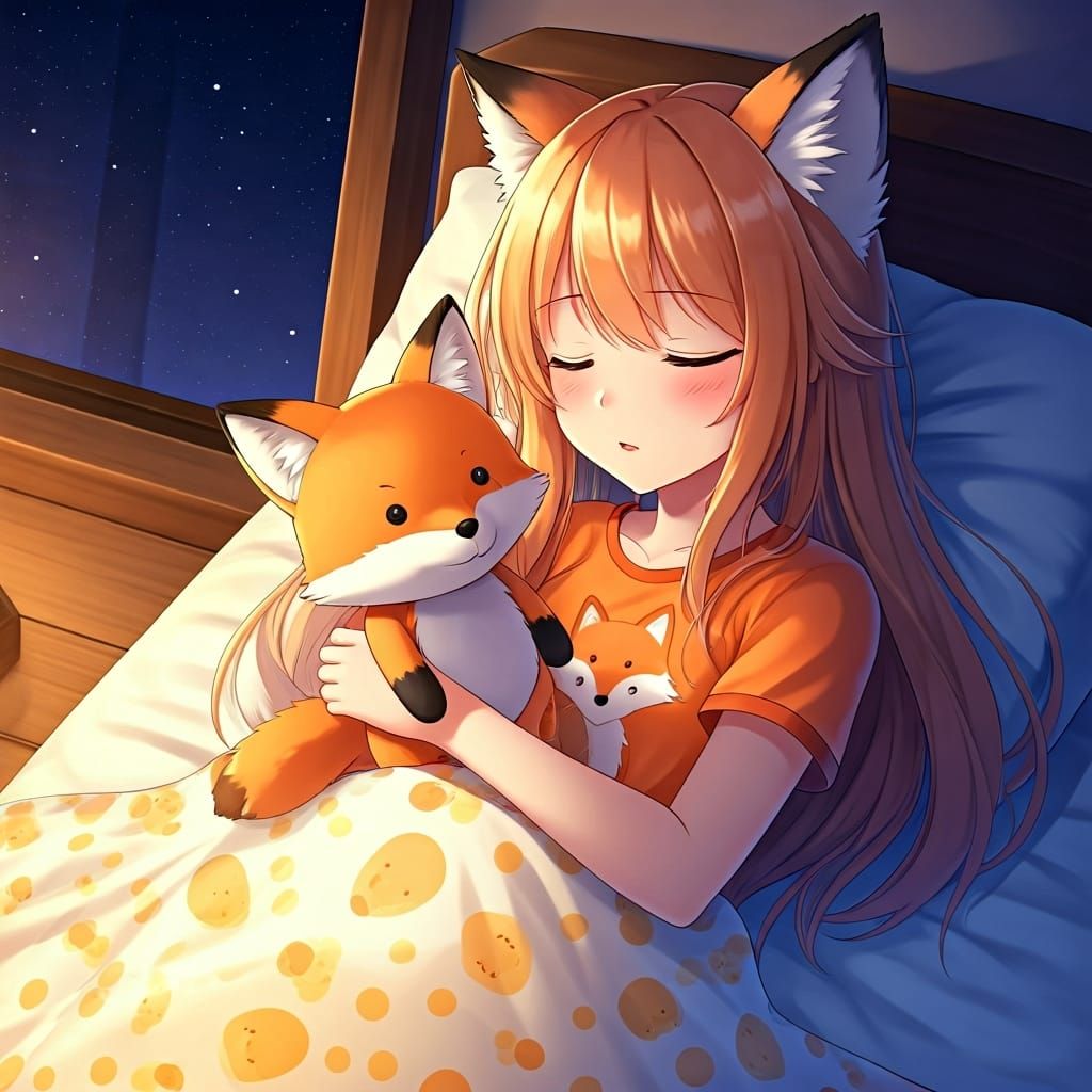 Anime Fox Girl Sleeping Peacefully at Night