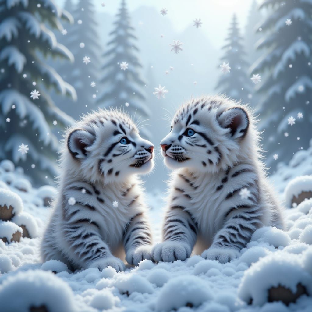 Snow Leopard Cubs Catching Snowflakes