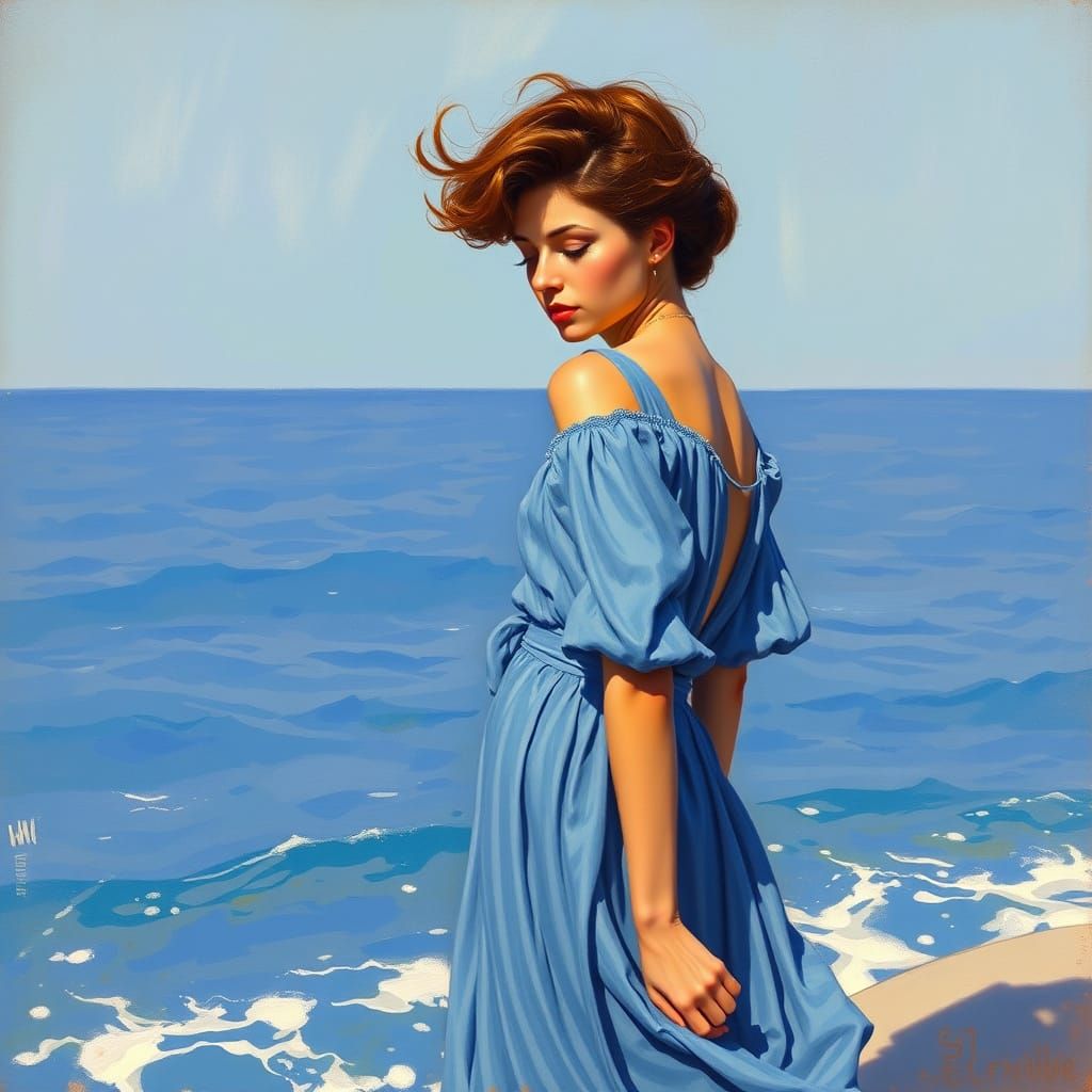 Surreal European Woman in Flowy Blue Dress Sees the Sea