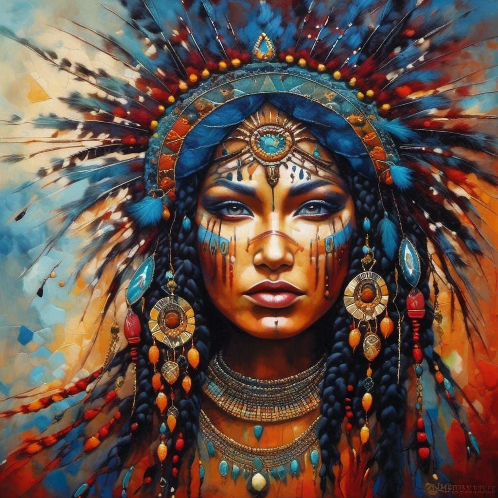 Native American Woman with Red Hand in Surreal Style