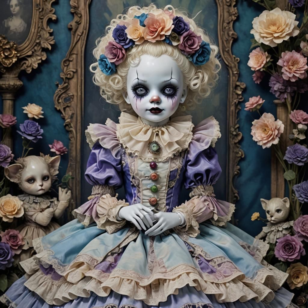 Ethereally pale, yet unsettling porcelain baby doll in an el...