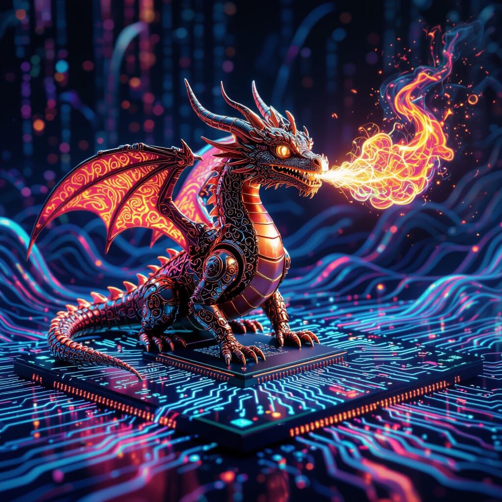 Robotic Dragon on Circuit Board in Hyperrealistic Style
