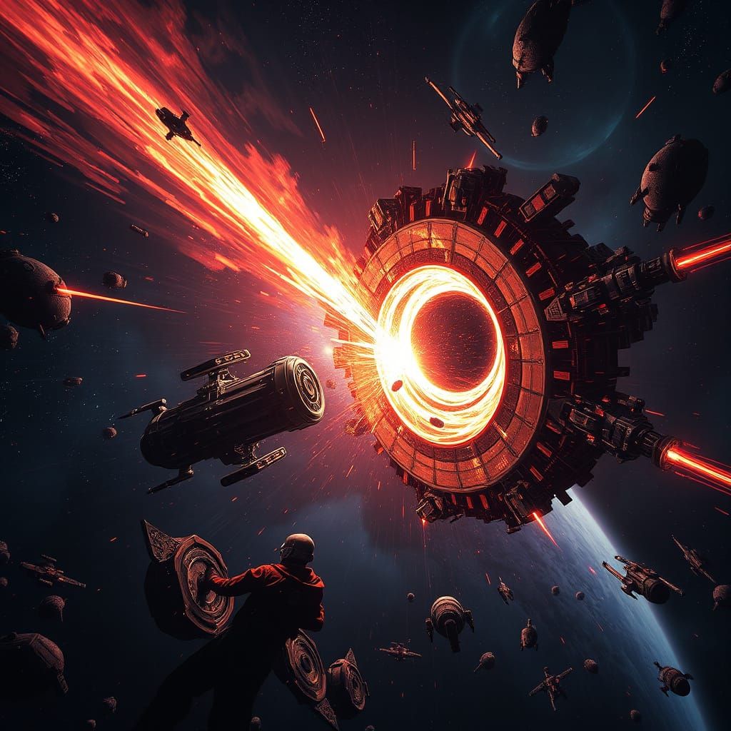 Epic Spacestation Battles a Cosmic Vortex in Vibrant Colors