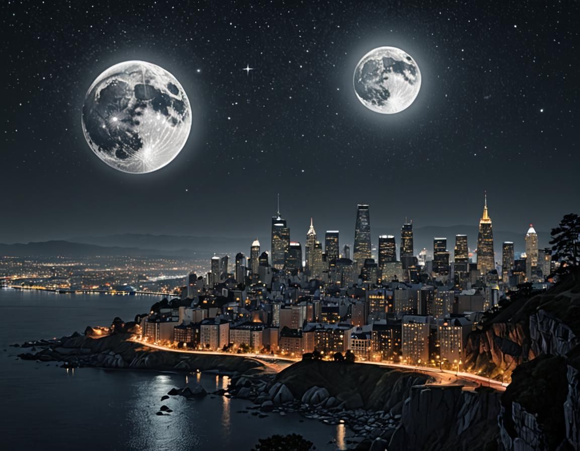 City Skyline Under the Moonlit Night Sky
