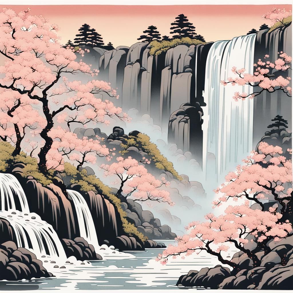 Sakura Trees and Waterfall in Ukiyo-e Style