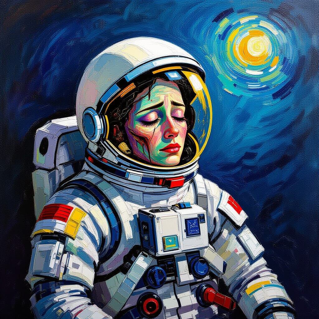 Astronaut Adrift With Sorrowful Face in Impasto Style