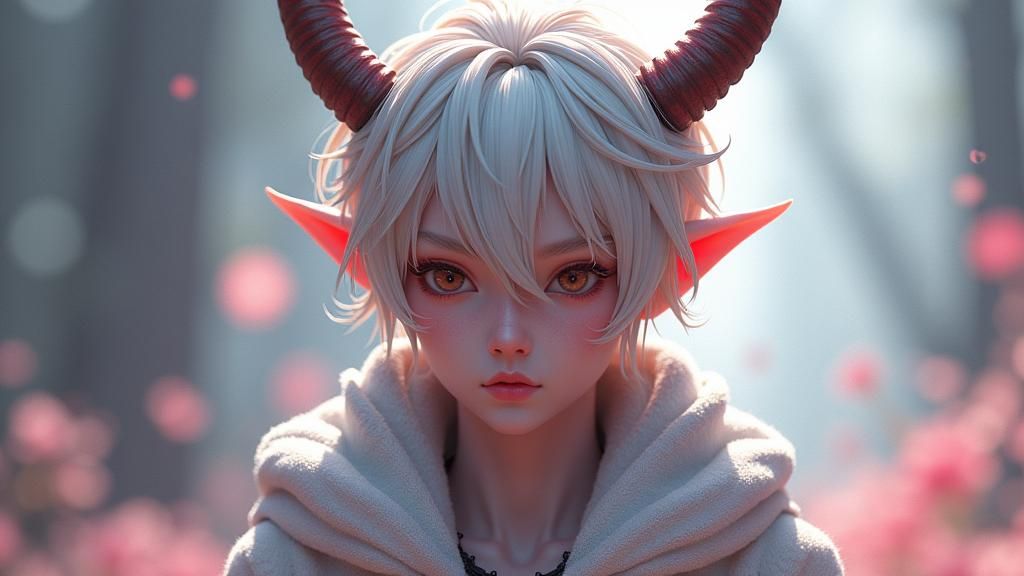 Anime Style Demon with Silver Hair and Horns