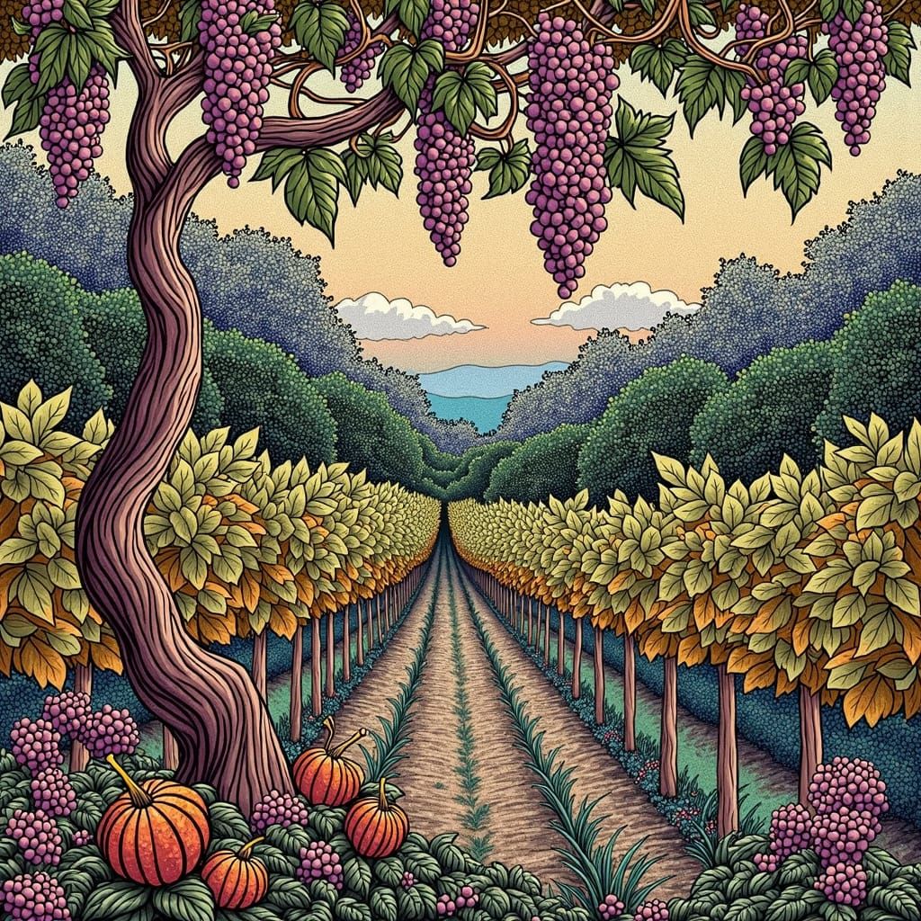 Vineyard at Dusk in Art Nouveau Pointillism