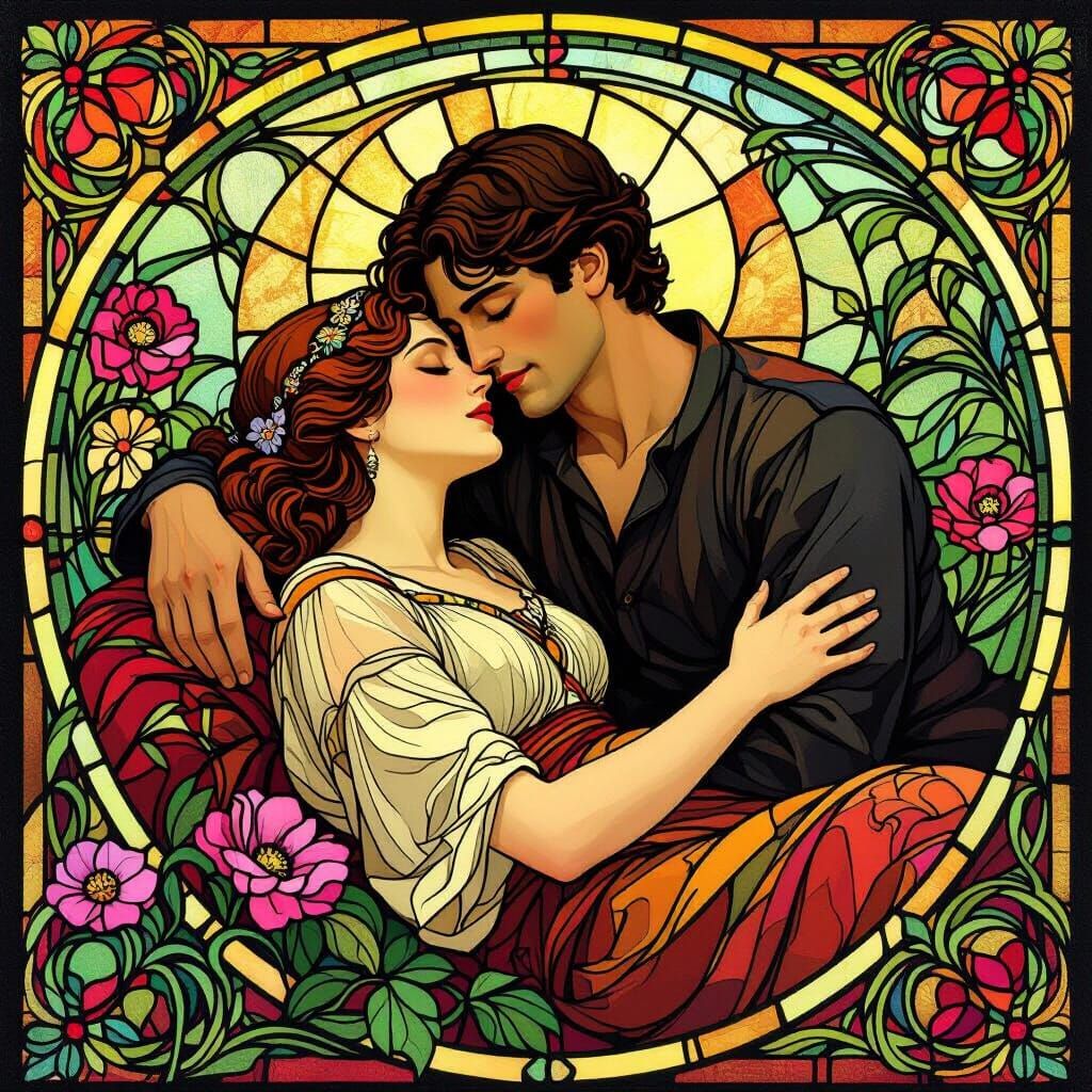 Sensual Stained Glass Couple in Garden Embrace