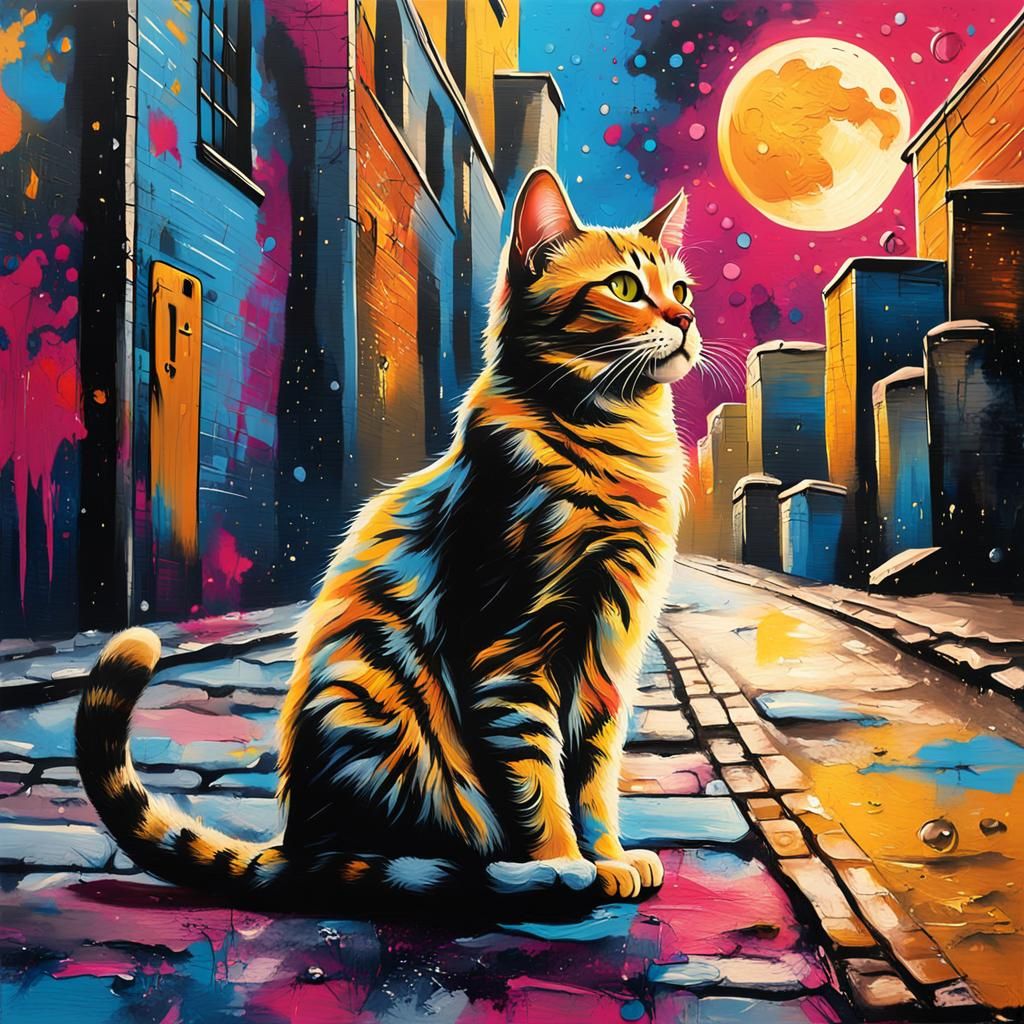 Cat Gazing at Moon in Vibrant Street Art