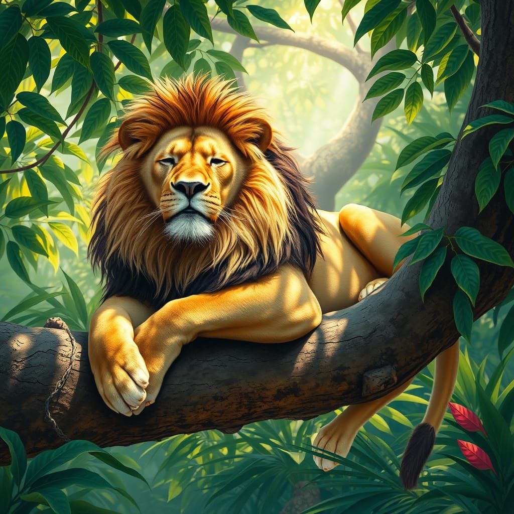 Majestic Lion in Tropical Oasis