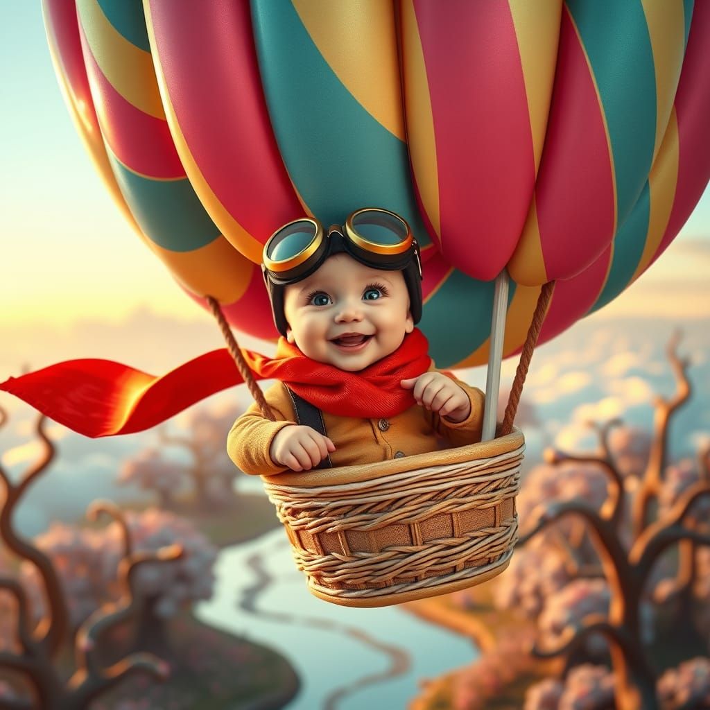Chubby Baby Pilots Hot Air Balloon Over Vibrant Candy Land
