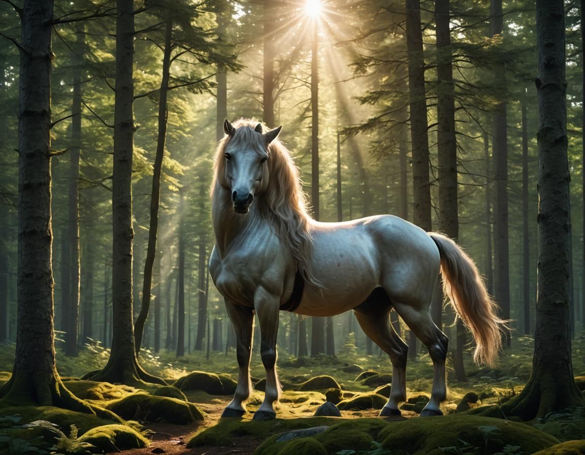 Realistic Centaur in Nordic Forest with Magic