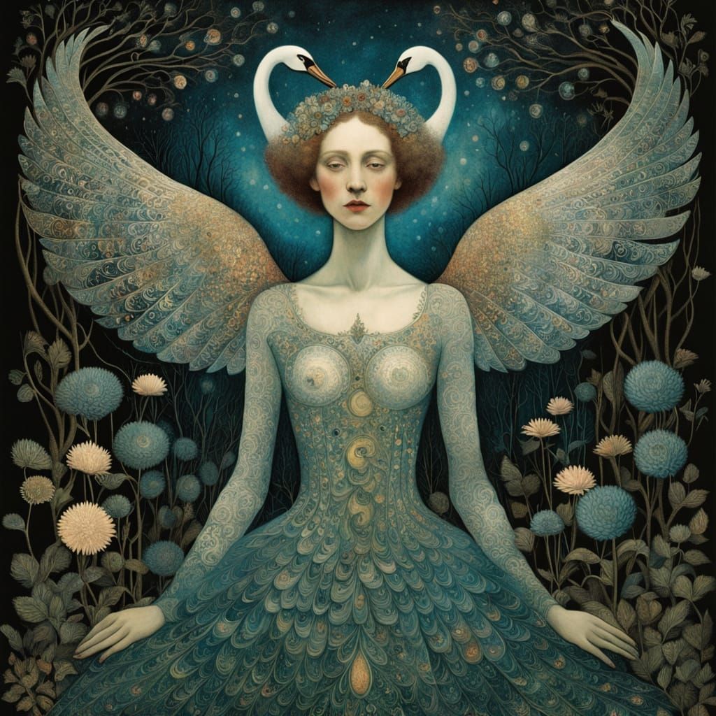 Mystical Woman Rises with Swan Wings, Embodying Resilience a...