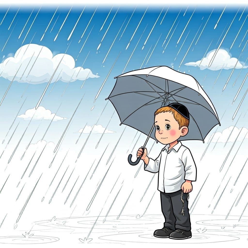 Cartoon Scene of Boy in Rain with Open Umbrella, in Orthodox...