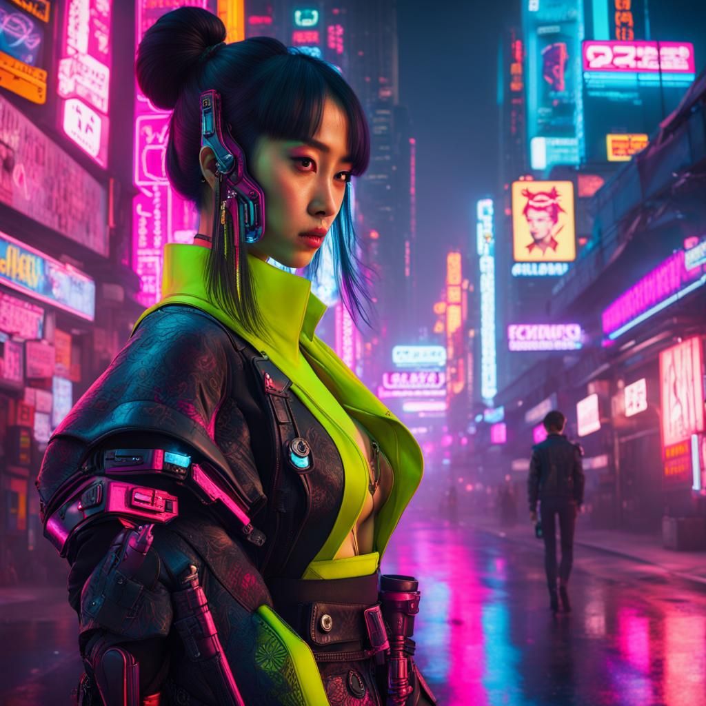 Cyberpunk Korean Girl in Neon Maximalism