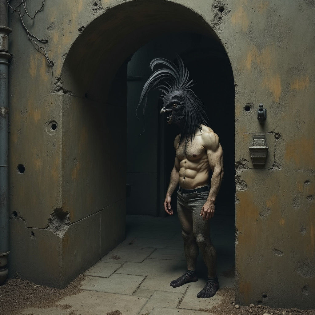 Hybrid Creature: Rooster Head in Dark House