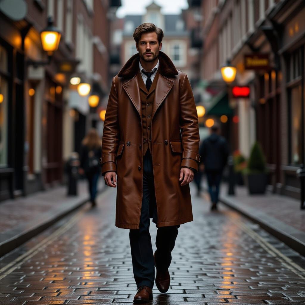 Man in Brown Leather Coat on 18th-Century Street