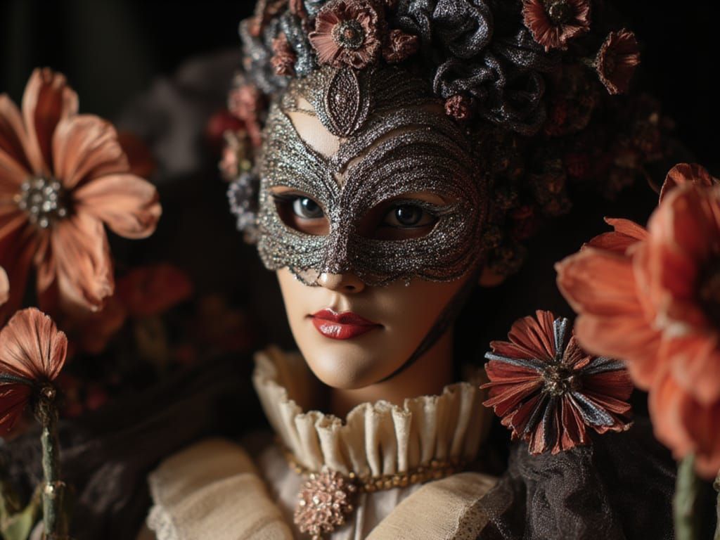 Beaded Carnival Mask with Geisha Flowers, Cinematic Style