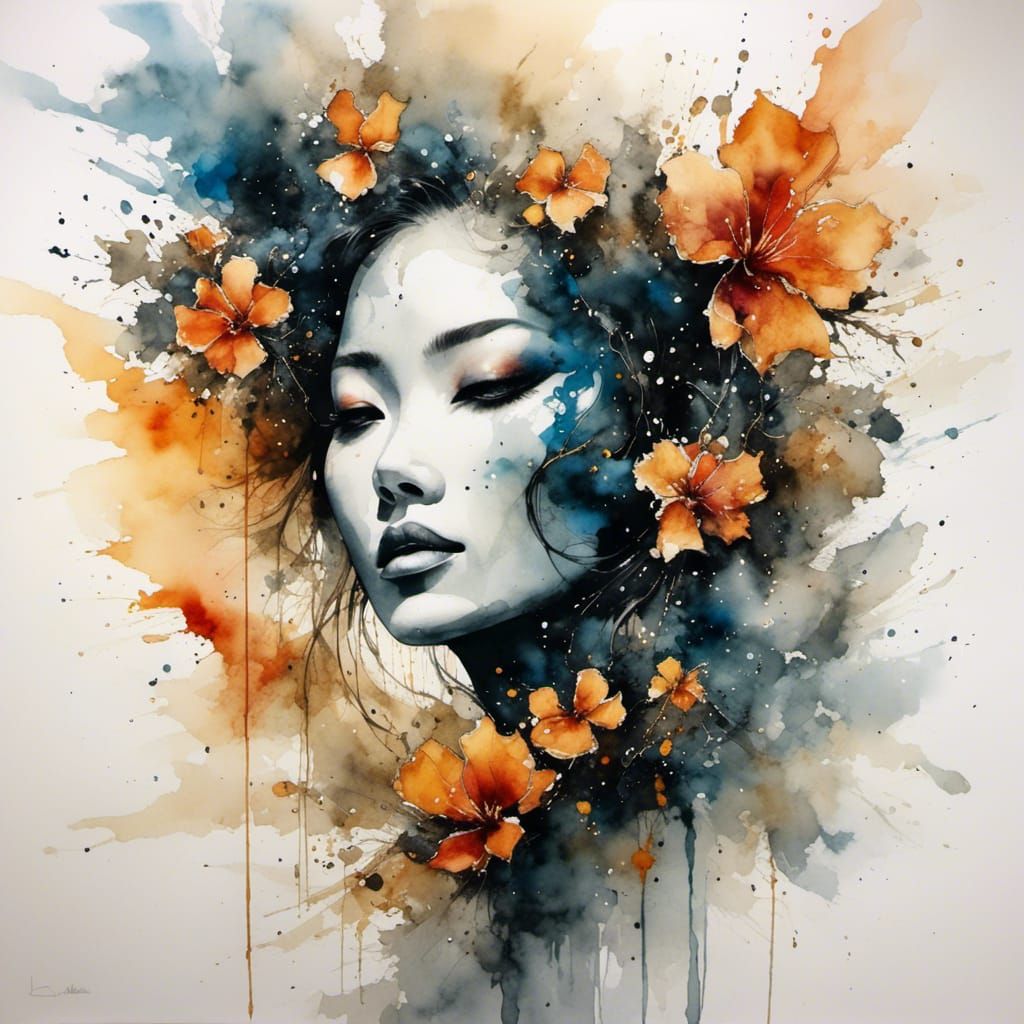 Asian Android in Watercolor-Ink Style