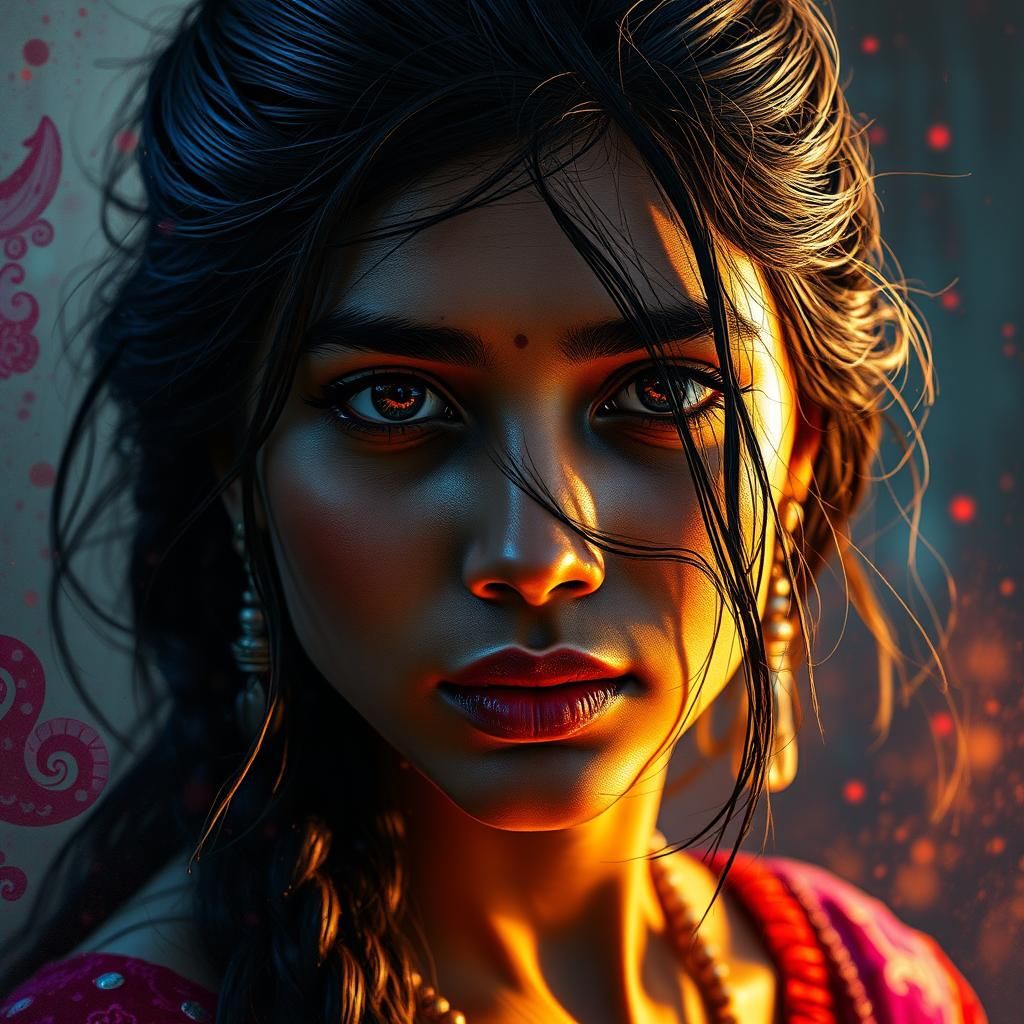 Indian Goddess Portrait in Vibrant Triadic Colors