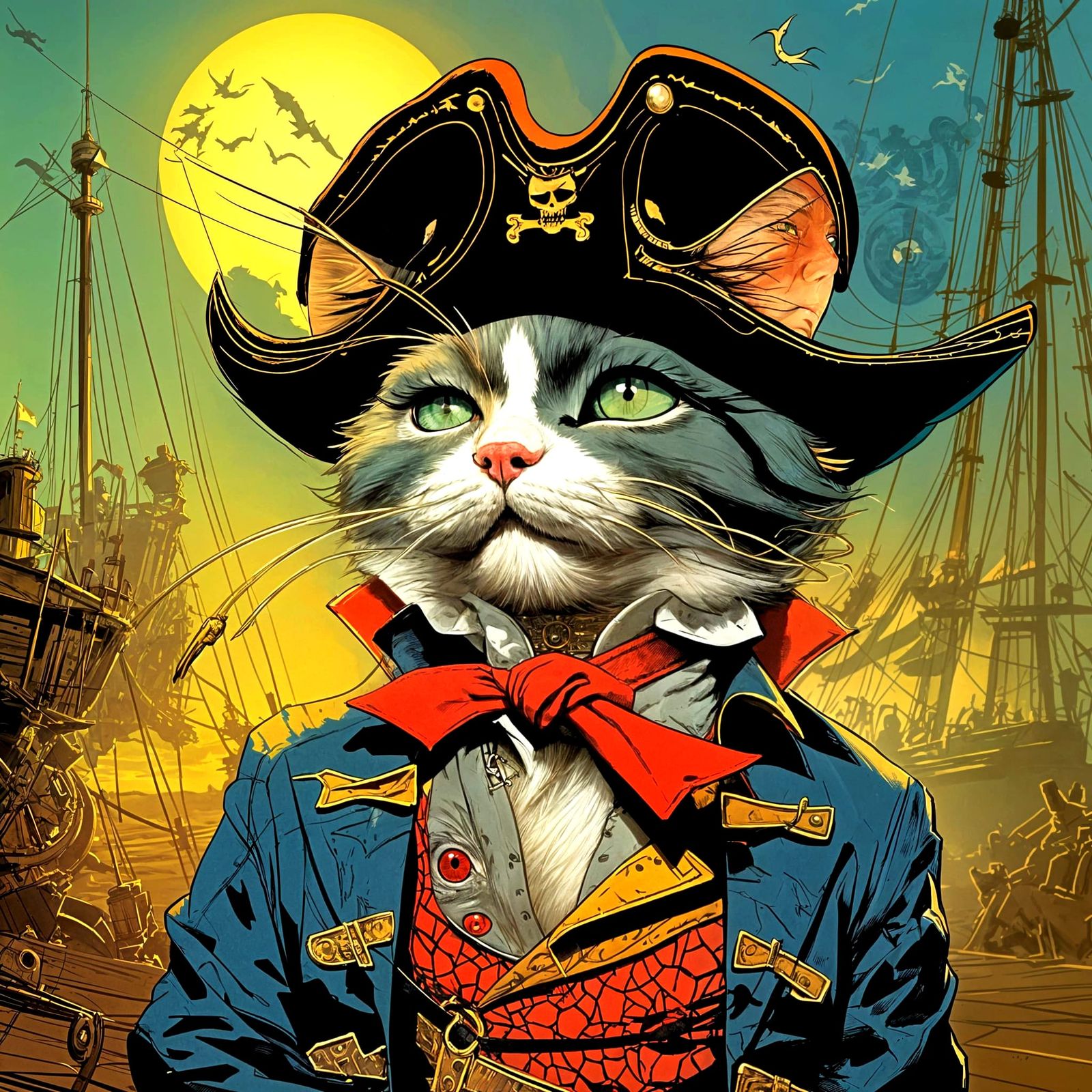 Cartoon Pirate Cat Illustration in Neon Realism Style