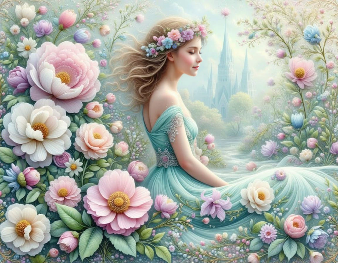 Ethereal Pastel Garden in Cozy Embroidery Style