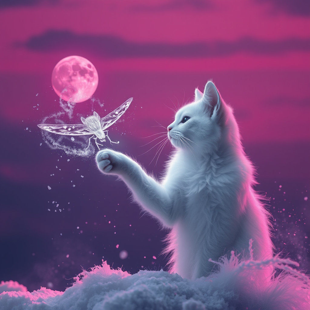 Ephemeral Touch: Cat and Moth in Matte Painting Style