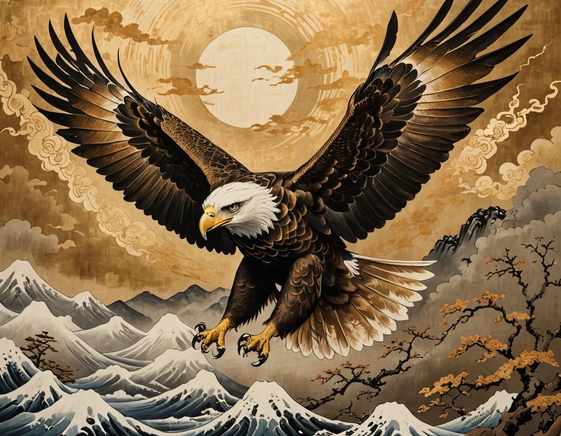 Majestic Eagle in Flight: Ukiyo-e Oil Painting