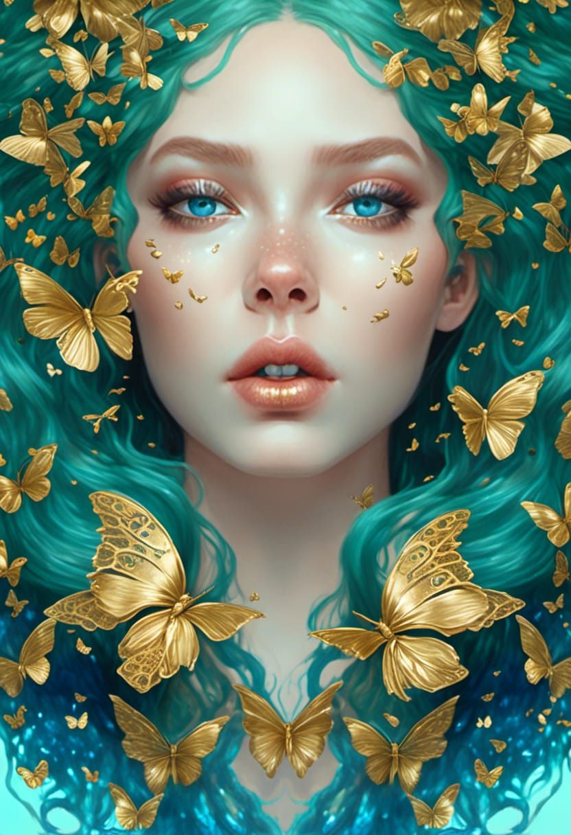 Woman with Butterflies and Ocean Green Hair